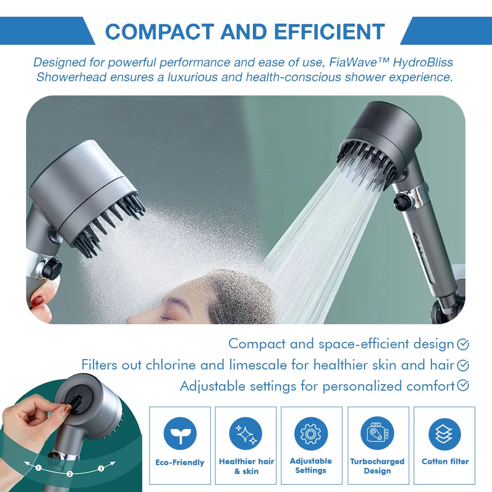 high-pressure, space-efficient showerhead with adjustable spray settings. Features a built-in filtration system that removes chlorine and limescale for healthier skin and hair. Eco-friendly design with turbocharged water flow for a luxurious shower experience.