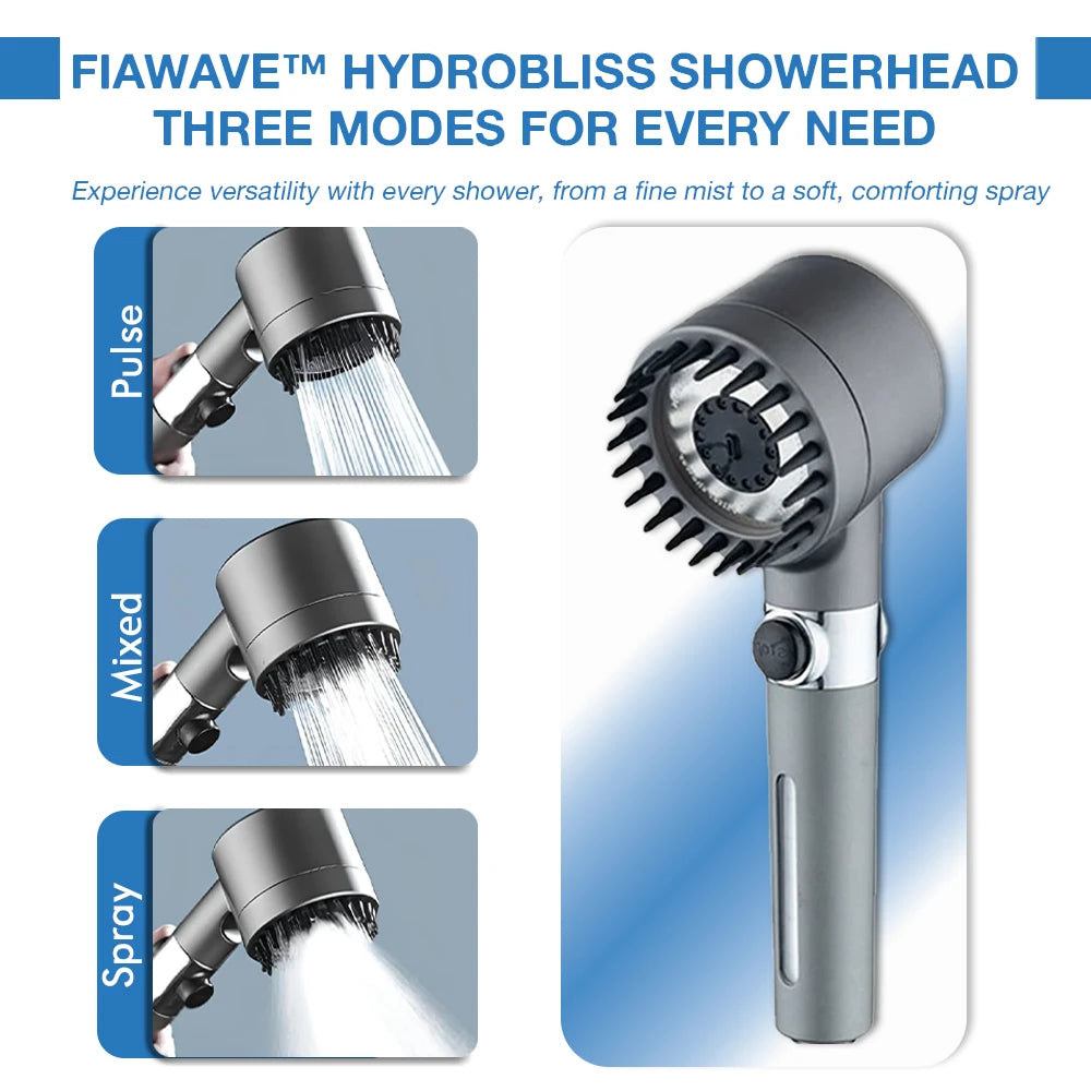 high-pressure showerhead with three adjustable spray modes: Pulse (targeted massage), Mixed (balanced flow), and Spray (wide mist). Designed for a customizable, spa-like shower experience with enhanced water pressure and filtration benefits.