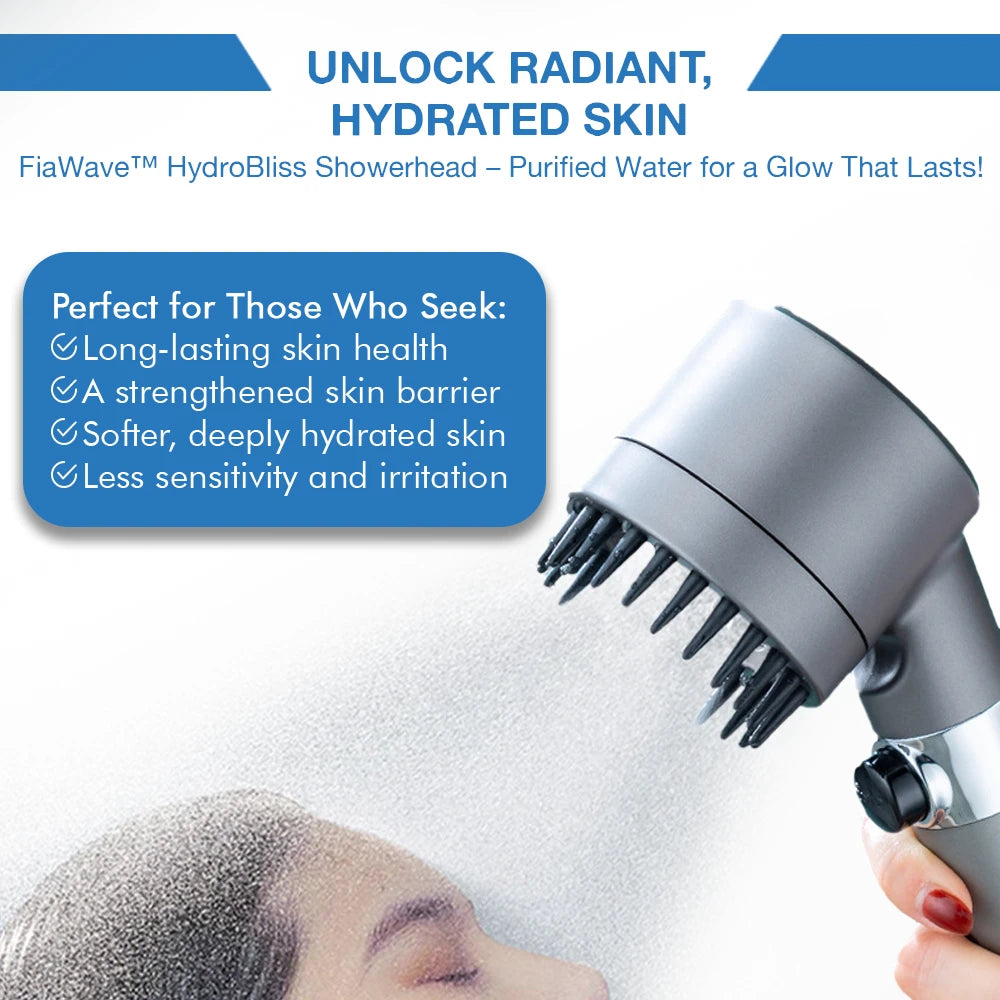 high-pressure showerhead with built-in filtration system. Delivers purified water to promote long-lasting skin health, hydration, and a stronger skin barrier. Reduces sensitivity, irritation, and dryness for a radiant glow.