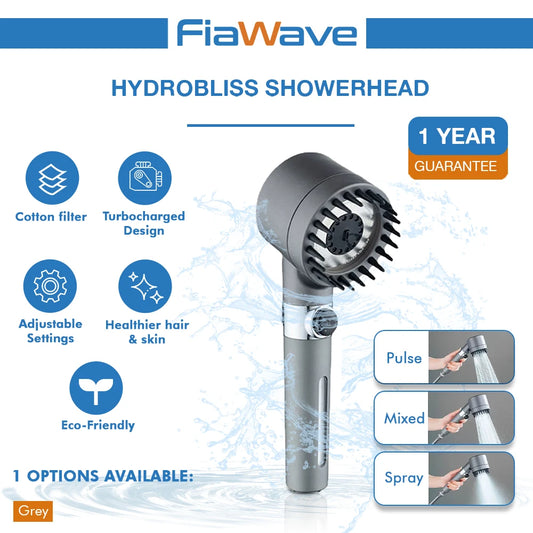 High-pressure showerhead with turbocharged water flow, built-in cotton filter to remove impurities, three spray modes (Pulse, Mixed, Spray), eco-friendly design, and adjustable settings. Includes a 1-year warranty for a luxurious and refreshing shower experience.