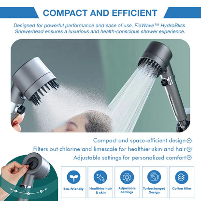 high-pressure, space-efficient showerhead with adjustable spray settings. Features a built-in filtration system that removes chlorine and limescale for healthier skin and hair. Eco-friendly design with turbocharged water flow for a luxurious shower experience.