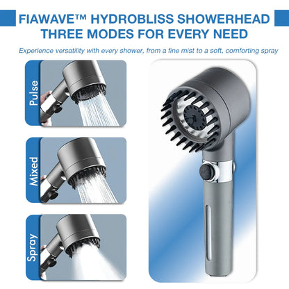 high-pressure showerhead with three adjustable spray modes: Pulse (targeted massage), Mixed (balanced flow), and Spray (wide mist). Designed for a customizable, spa-like shower experience with enhanced water pressure and filtration benefits.